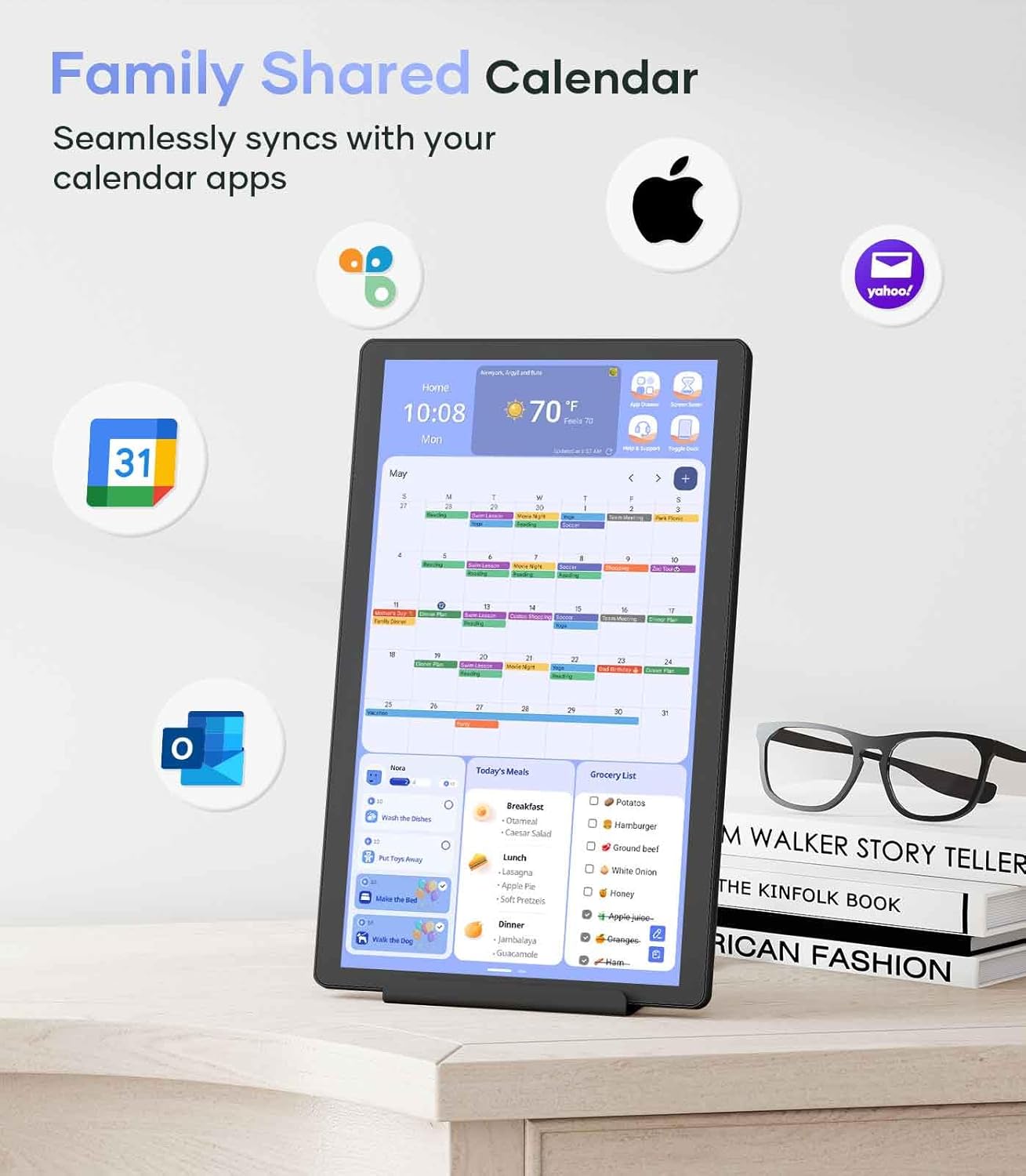 Cozyla Mate Digital Calendar displaying a family calendar, with icons for Google Calendar, Apple Calendar, Outlook, and Yahoo, indicating seamless synchronization.