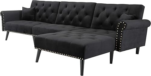 Miniatura 3 de Lepfun Sofá cama modular convertible de terciopelo, reversible, en forma de L, con botones copetudos, juego de muebles con diván y 2 almohadas para