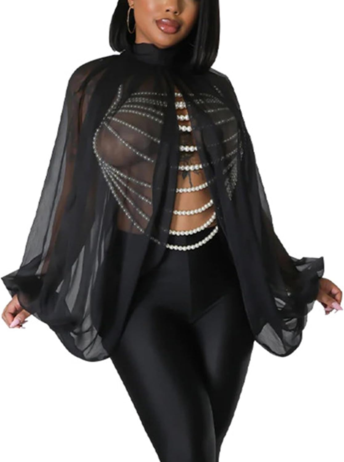 Sexy Tops for Women Party Club Night Batwing Sleeve Chiffon Sheer Self Tie Back Front Open Women Shirts Casual Summer