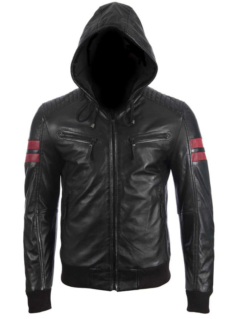 Aviatrix Men's Real Leather Slim Fit Fashion Jacket with Hood and Stripes (2VQ9) 3XL Black