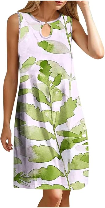 Summer Dresses for Women 2024 Trendy Keyhole Leaf Print Sleeveless A-Line Mini Dress Casual Beach Vacation Sundresses