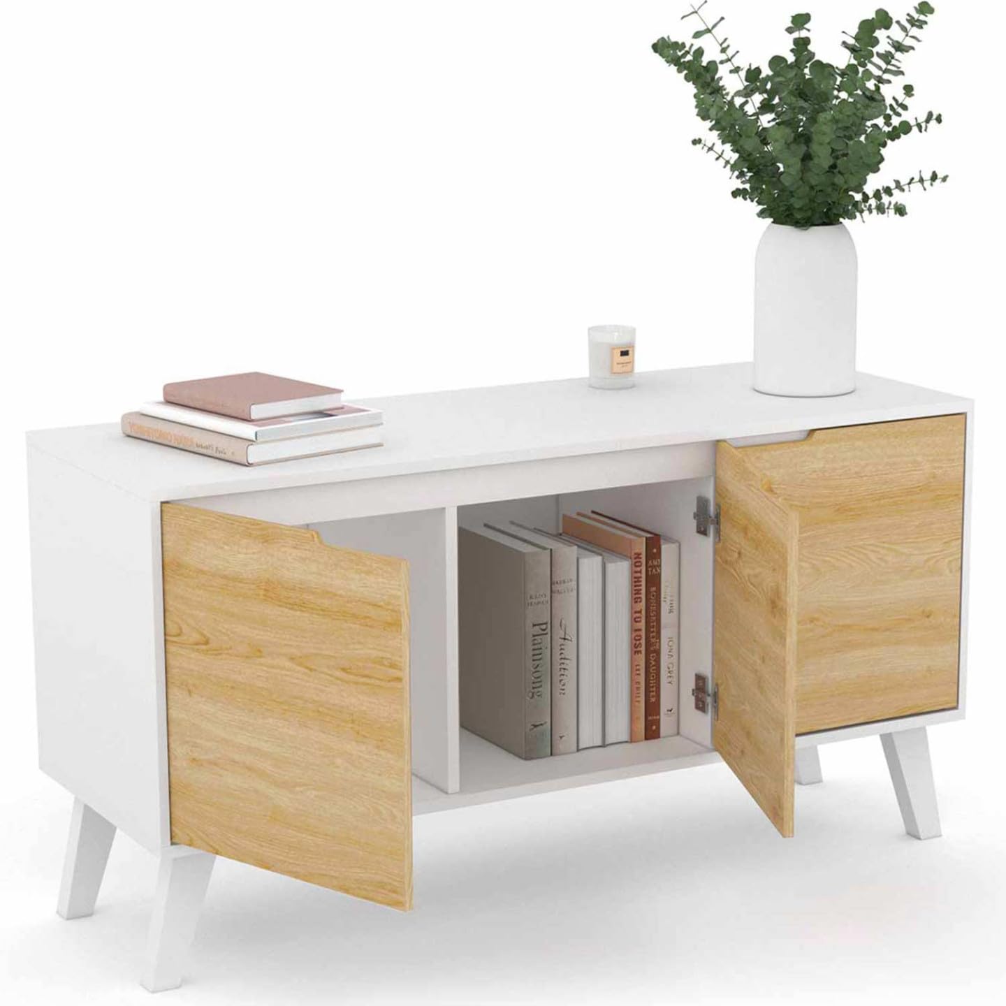 IDMarket - Buffet Bas scandinave 113 cm FINN Blanc 3 Portes façon hêtre