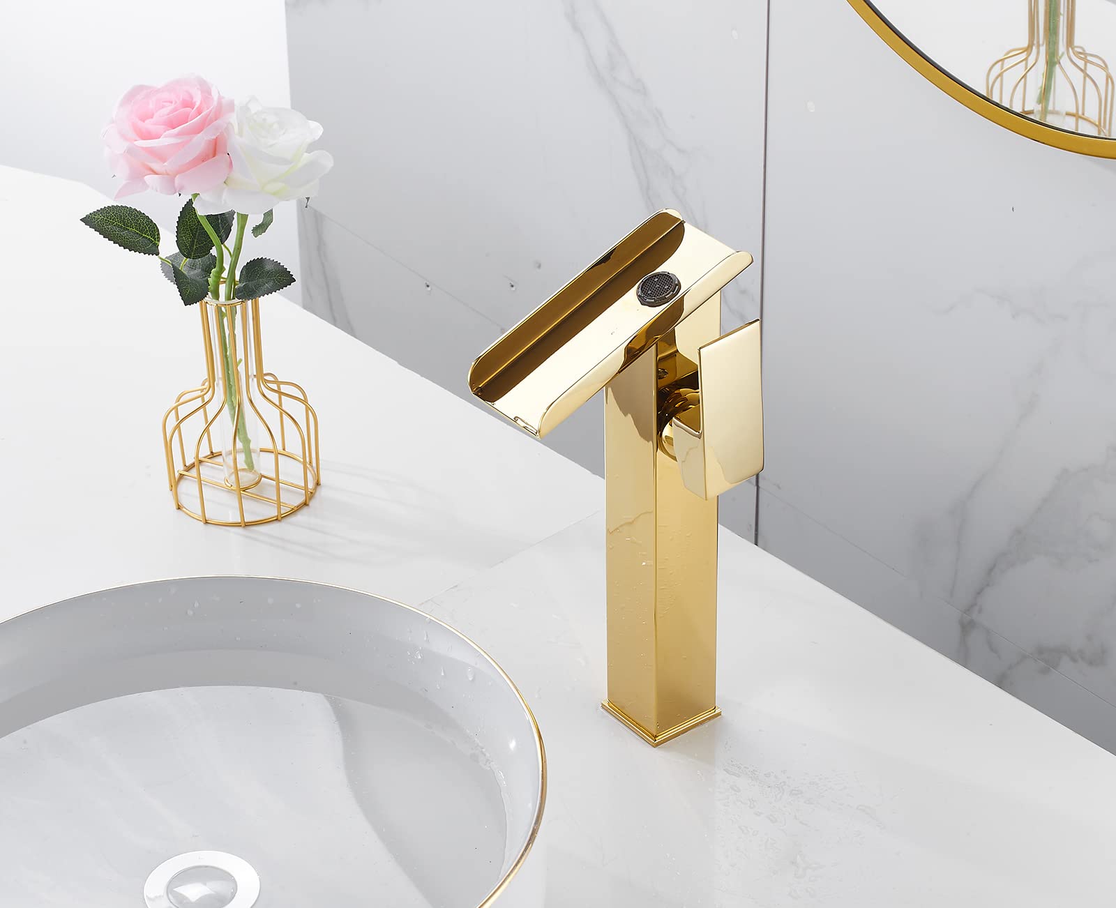ALEASHA Rubinetto Per Lavabo A Cascata - Montaggio A Parete 3 Fori, Doppia Maniglia, Ottone, Nichel Spazzolato - 5