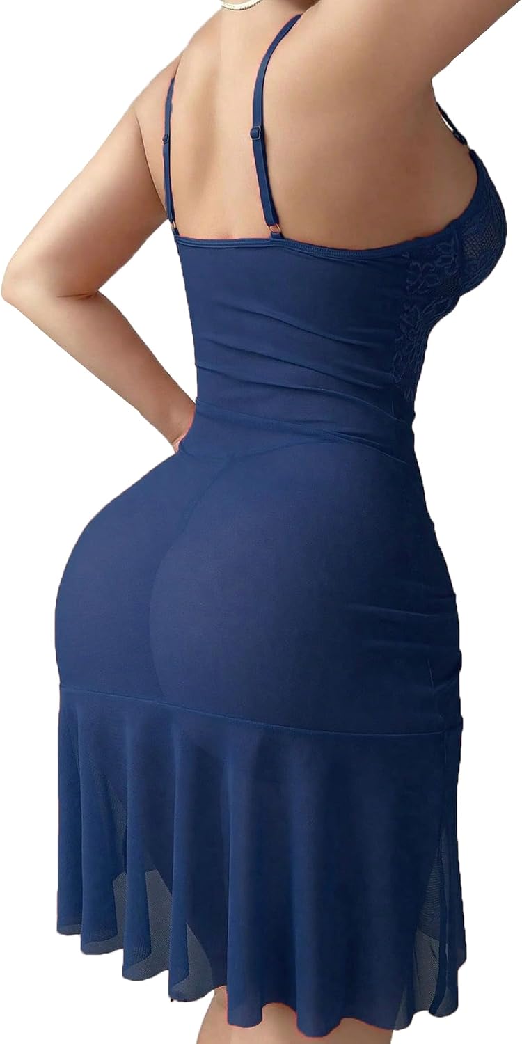 Sexy Nightgown for Women Babydoll Lingerie Slit Mesh Lace Pleated V Neck Long Dress Navy Blue