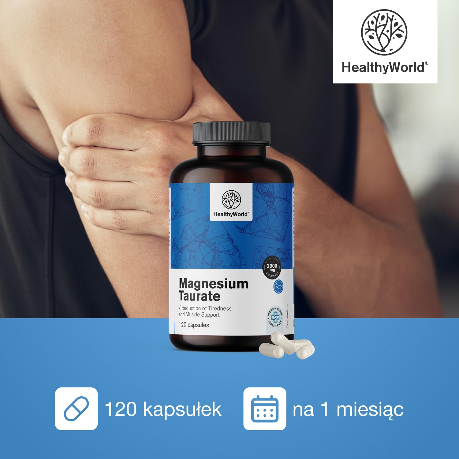 HealthyWorld Taurynian magnezu 2000 mg - 120 Kapsułek Roślinnych - Magnez + Tauryna - Wysoka Zawartość - Na Mięśnie i Układ Nerwowy - Łatwy do Strawienia