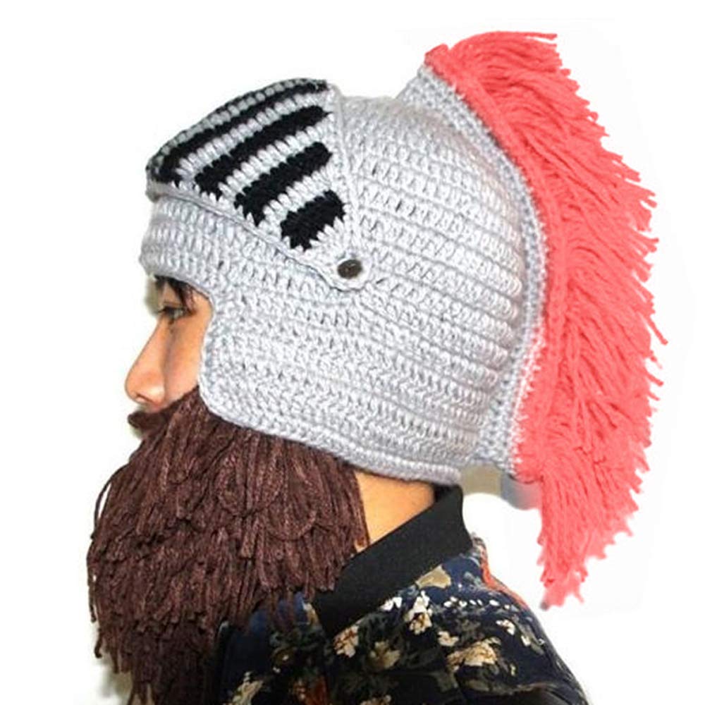 YEKEYI Wig Beard Hats Cosplay Roman Knight Knitted Helmet Winter Sports Warmer Cap Ski Funny Mask Beanie Pink