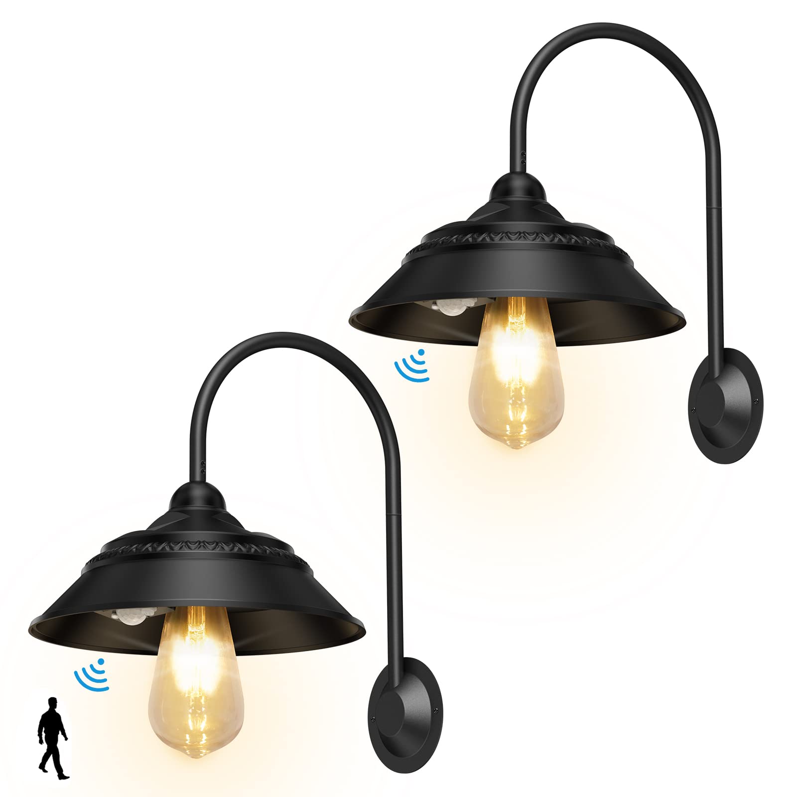 Yomisga Solar Barn Lights Outdoor Solar Wall Sconces Rustic Vintage Solar Farmhouse Light with Motion Sensor & 3 Lighting Modes, Warm White Solar Wall Mount Light Fixture for Shed (Black 2Pack)