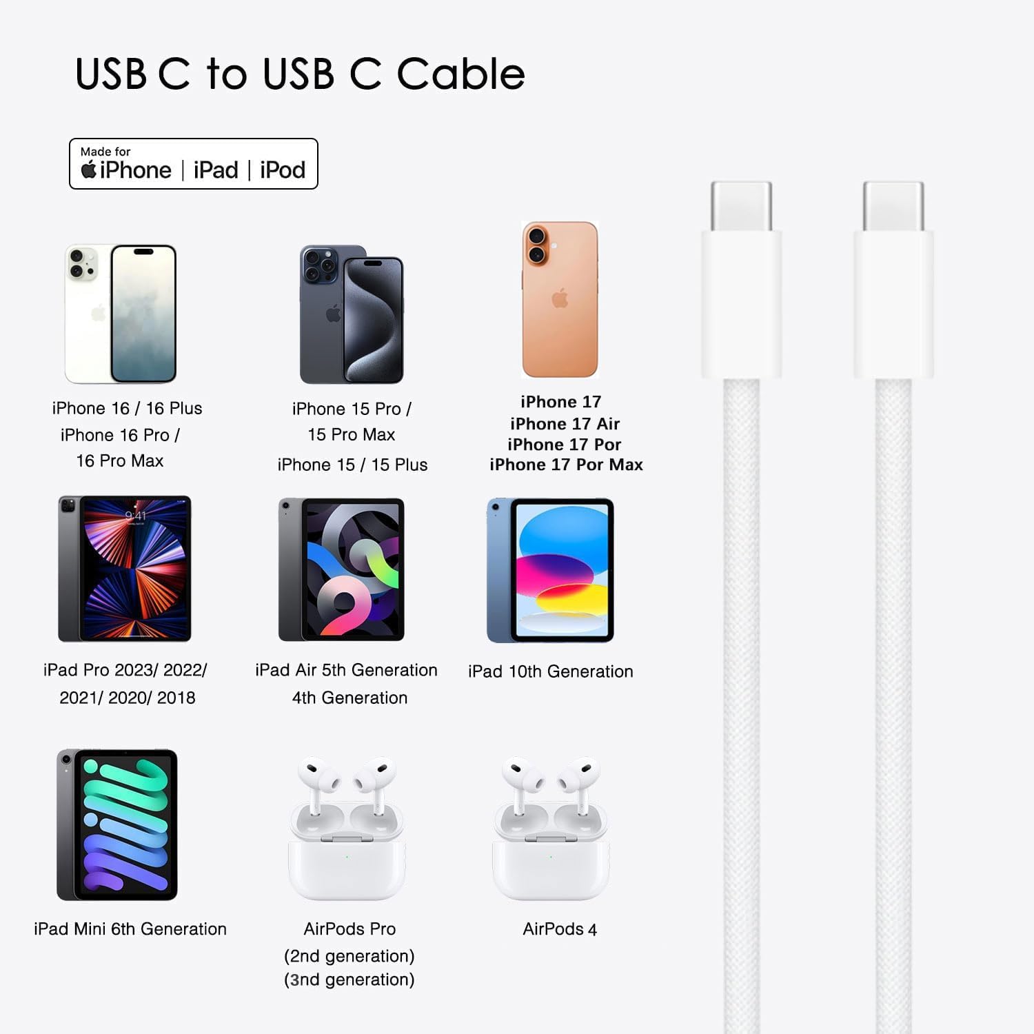 2 Pack 20W Fast Charger for AirPods 4, AirPods Pro (2nd/3rd gen), AirPod Max 2, USB C to USB C Woven Cable for iPhone 17/16/15, 17 Pro Max, Plus, 16E, 17Air Charger Charging Cord Adapter (5FT＆6FT)