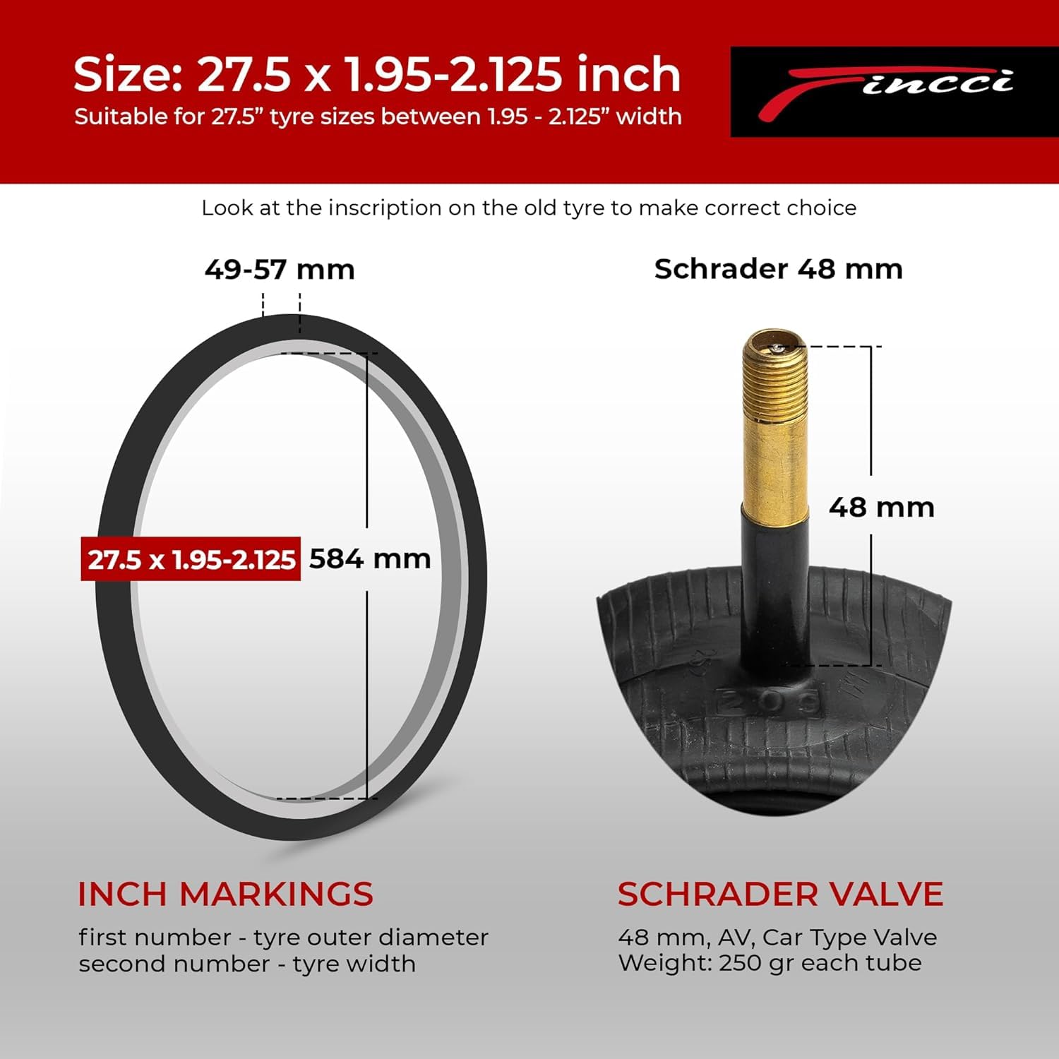 Fincci Camera d'Aria 27.5 x 1,95-2,125 Pollici - Coppia Camera d Aria MTB 27.5 Schrader Valvola Interna 48mm - Camere d'Aria per Strada, MTB Montagna Ibrida Bici Bicicletta - Confezione da 2