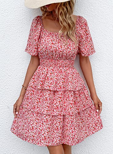 Image of PRETTYGARDEN Women's Summer Floral Ruffle Short Dress | Short Sleeve Square Neck, Flowy Tiered Hem, Fit and Flare, Flower Boho Dresses, Cute Beach Vacation Outfits, Fashion Clothing