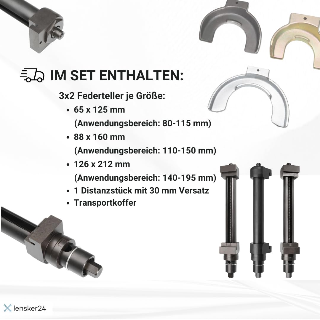 otgerlensker products Universal McPherson Federspanner – 1000 kg Spannkraft, 3-teiliges Jochset (bis 2500 kg), Sicherheits-Schutzkappen & robuste Spindel im Werkzeugkoffer