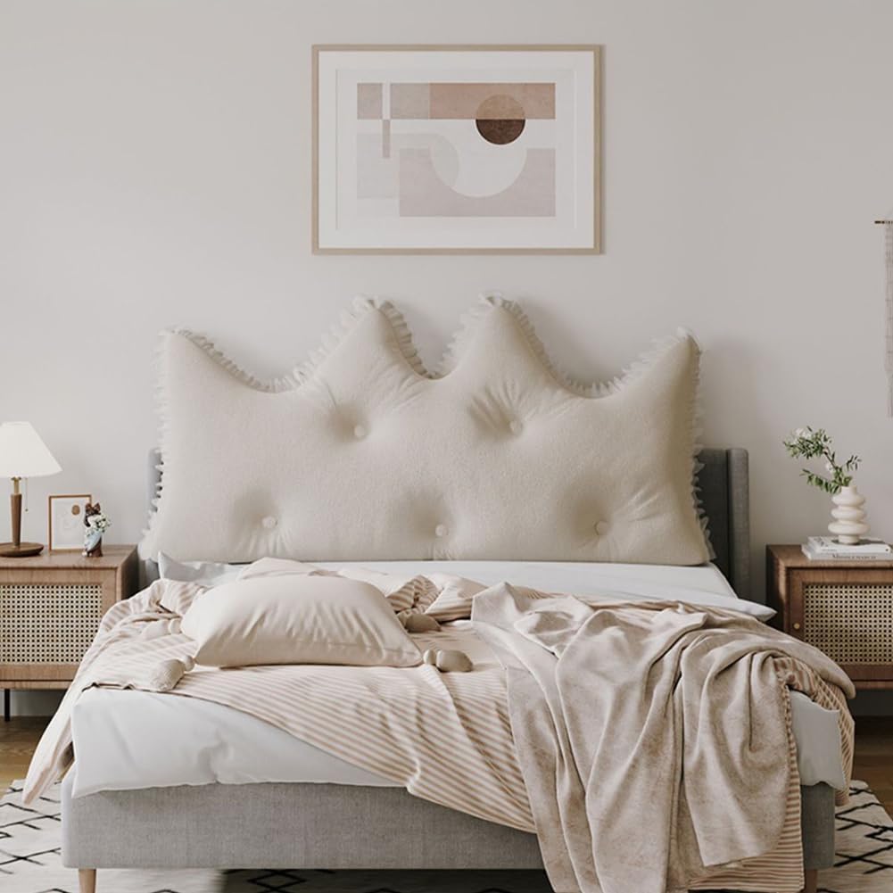 Crown Shape Bed Pillow - Large Headboard Pillow for Sitting in Bed, Soft Reading Pillow Adult, Long Backrest Pillow for Couch Sofa & Daybed, Washable Princess Cushion (Beige,47.2*7.1*27.6in)