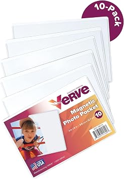 Verve Magnetic Photo Pocket Frames, 4x6 Inch, Clear Sleeve, White, 10 Pack | Magnetic photo pockets for fridges and lockers, slide in prints to display memories and notes at home or school
