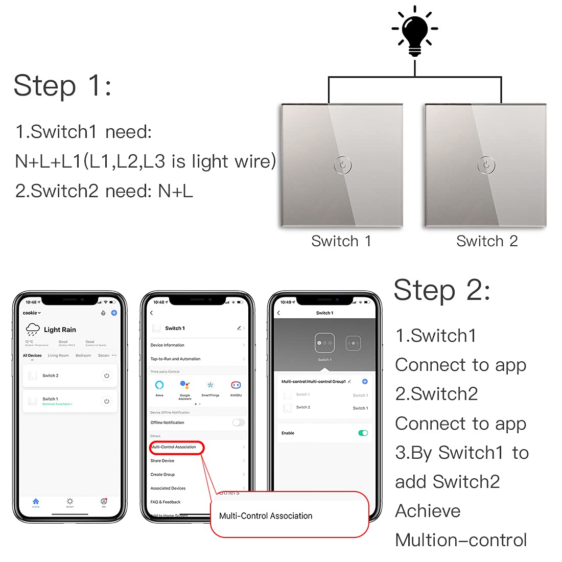 BSEED Smart Light Switch,Compatible with Alexa and Google Home,1 Gang WiFi Touch Switch,2 Way or Multi-Way Control by SmartLife APP,Grey Alexa Switch with LED Indicator Light-Neutral Wire Need-2pack - Image 4