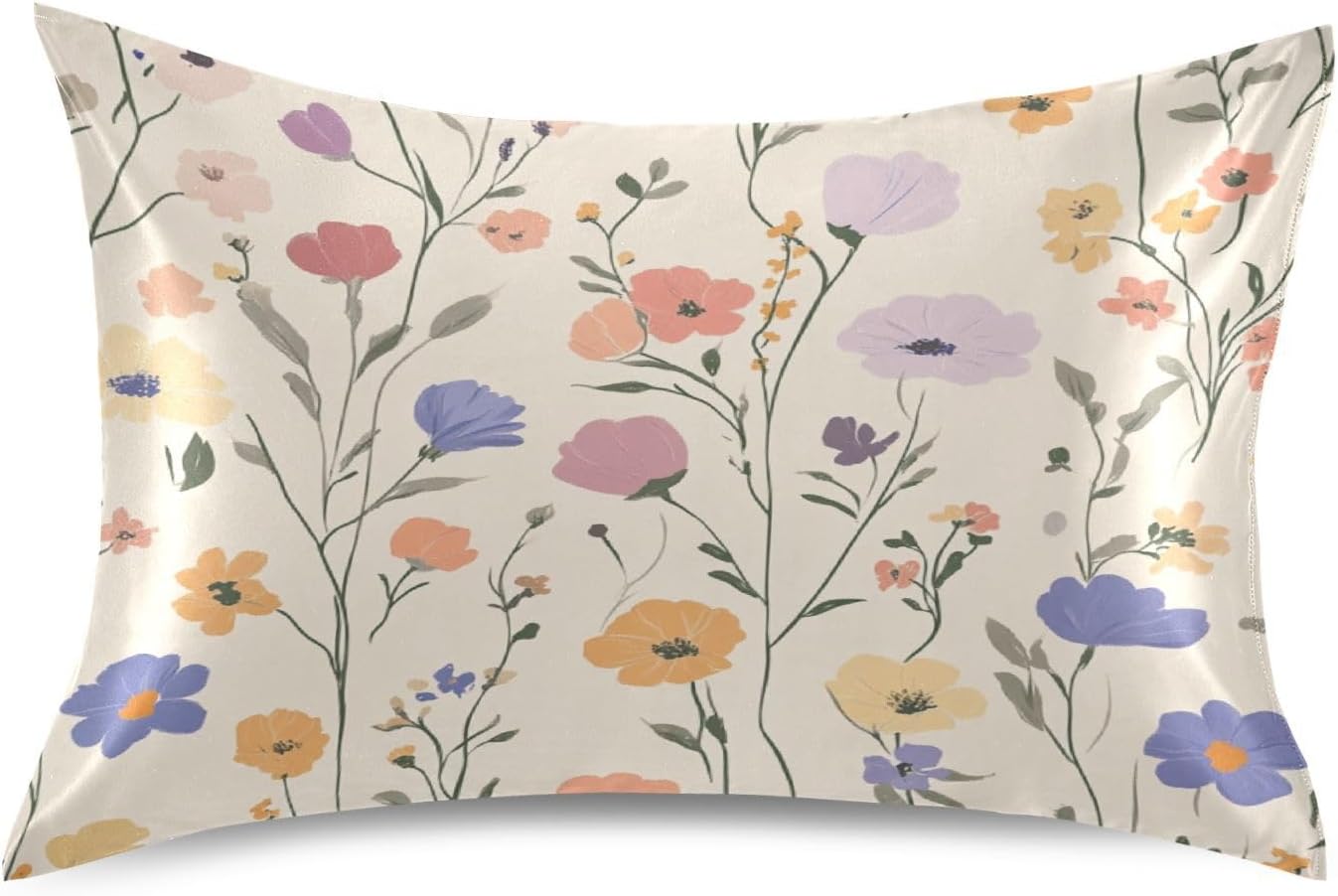 Floral Meadow Herbs Beige Satin Pillowcase for Hair and Skin Super Soft Silk Pillow Cases with Envelope Closure Ultra Smooth Pillow Covers for Men Women Gift Sleeping (20" x 30", 1 Pack)