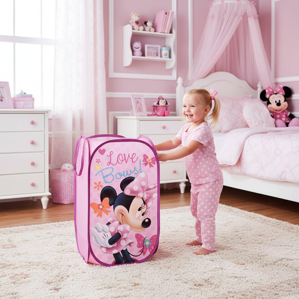 SUPERDIVER - Panier pliable Minnie - Licence Officielle Disney Minnie Mouse - Idéal pour ranger jouets et vêtements - 36x36x58 cm - Léger et compact - Parfait pour les filles et les garçons.