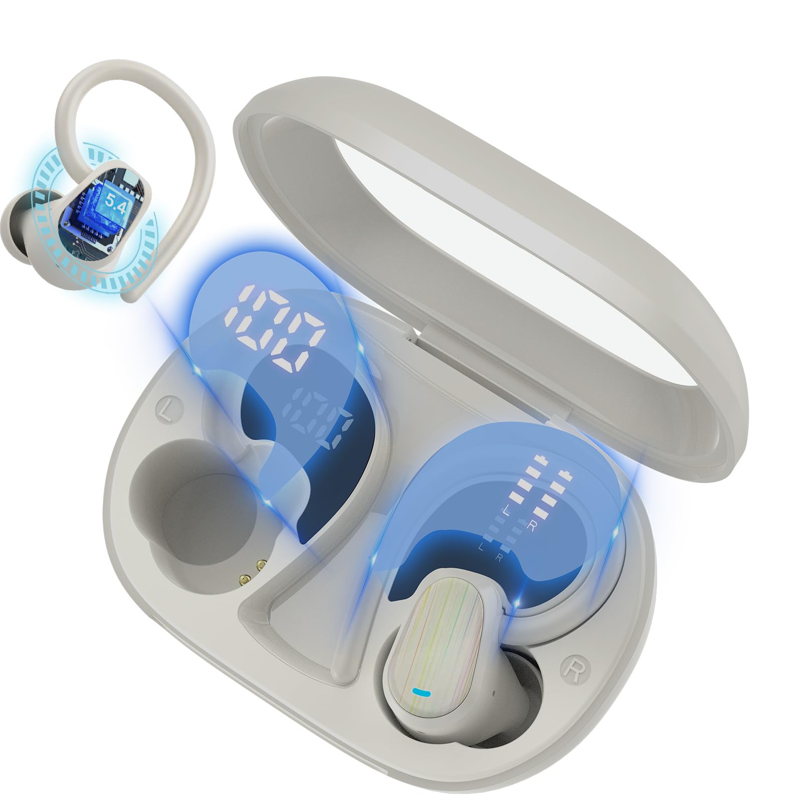 Wireless Earbuds, Bluetooth 5.4 Headphones Sport, Over Ear Buds with ENC Noise Canceling Mic, Deep Bass Stereo Ear Buds with Hook, 50H Playback, LED Display, IP7 Earphones for Workout Running, White