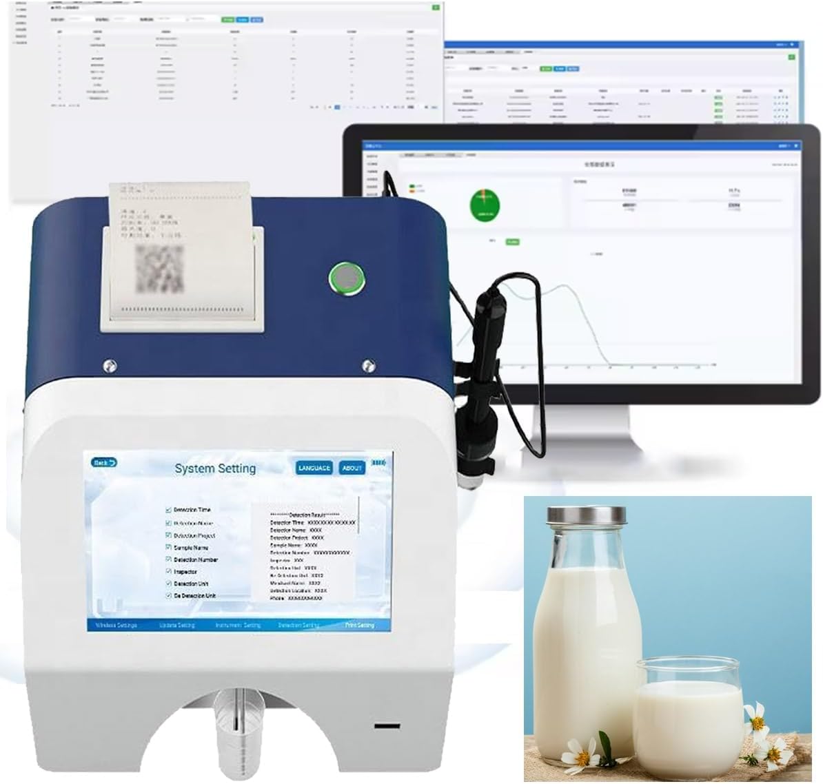 Digital Milk Analyzers Dairy Composition Analyzer Goat UHT Milk Tester with ASTM ISO Thermal Printer Touch Screen Freezing Point pH Test Range 0~14 Conductivity Detection Range 0~14mS/cn