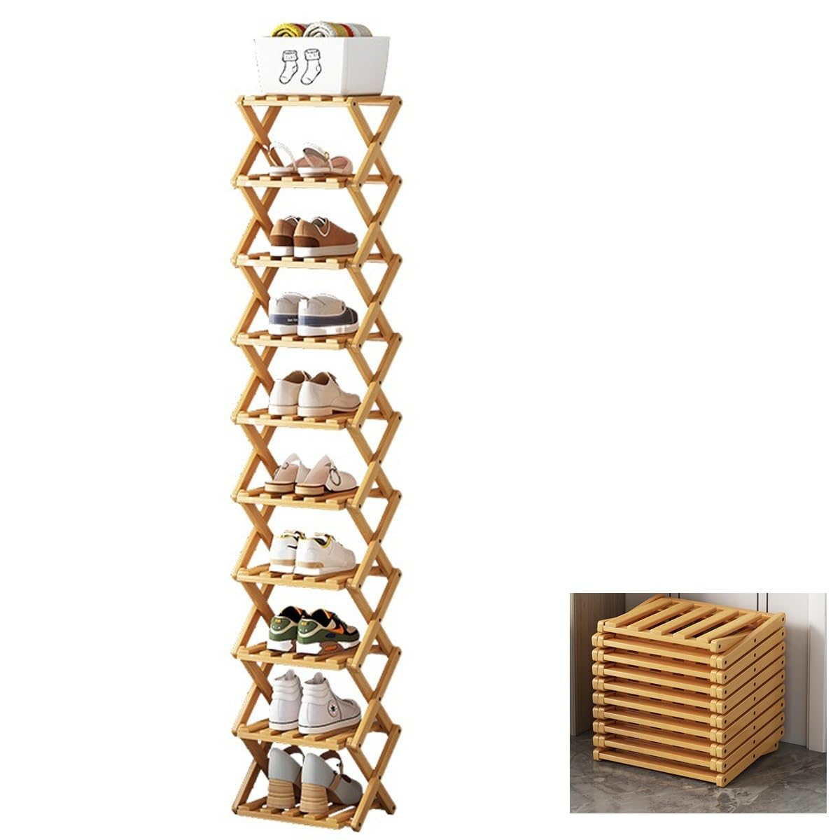 Étagère à chaussures pliable à 9 niveaux en bois de couleur primaire