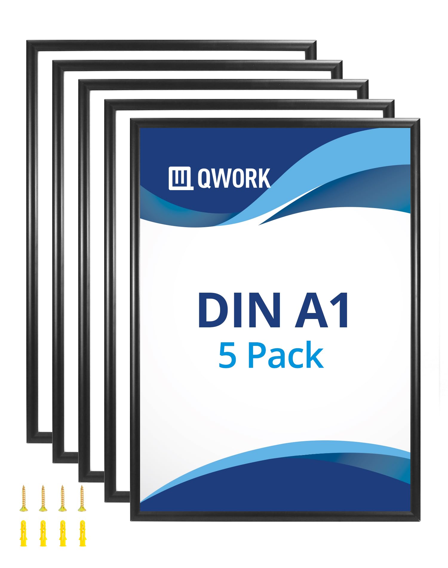 QWORK® 5 Poster Frames DIN A1 (59.4 x 84.1 cm) Front Opening Picture Frame with Anti-Reflective Protective Panel - 25 mm Aluminium Profile - Black
