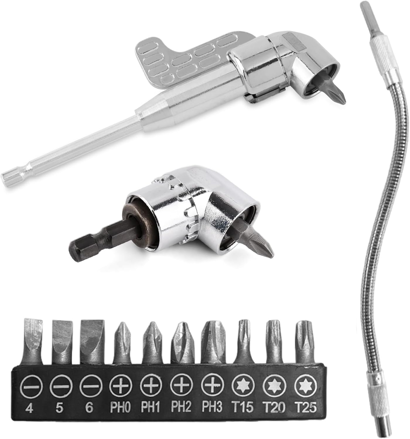 105 Degree Right Angle Drill Adapter and 1/4" 300mm Flexible Drill Bit Extension with 10-in-1 combination screwdriver bit set for Impact Drivers and Automotive Repairs