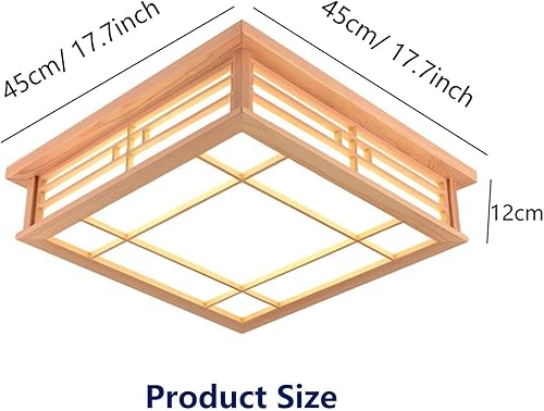 Miniatura 7 de TFCFL Lámpara de techo LED de madera de 18 pulgadas estilo japonés lámpara de techo cuadrada vintage luz blancaneutracálida control remoto regulable
