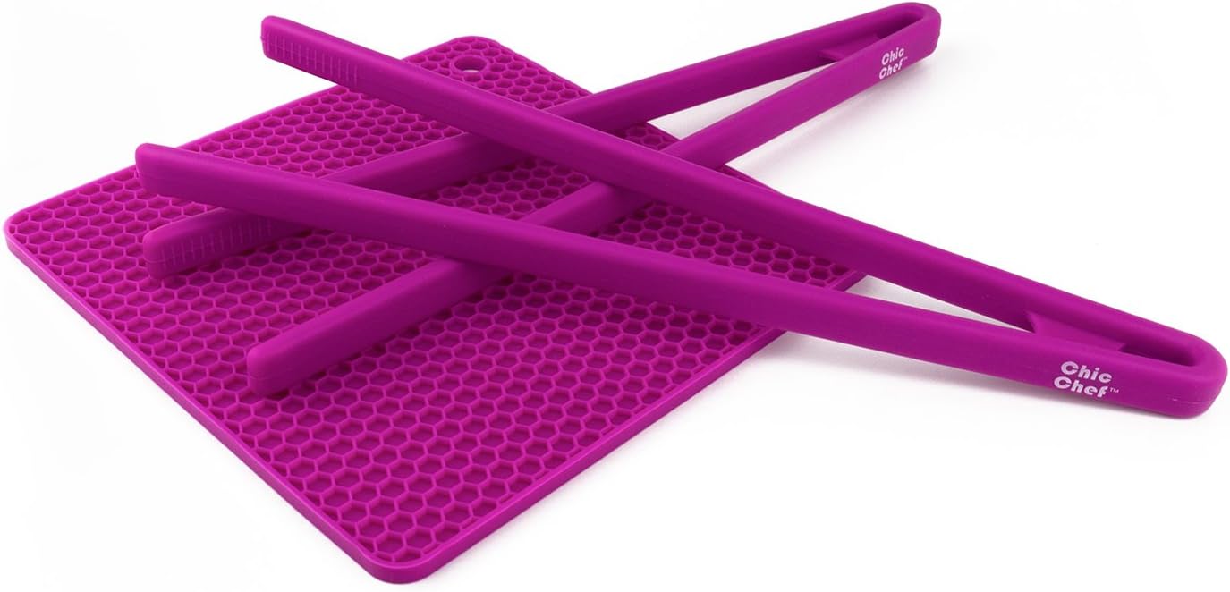 Chic Chef (Magenta) Serving Set - Includes 2 Food Tongs and Free Silicone Trivet Mat with Your Order! Limited Time Offer! Great for Summer BBQ, Salads and Picnics!
