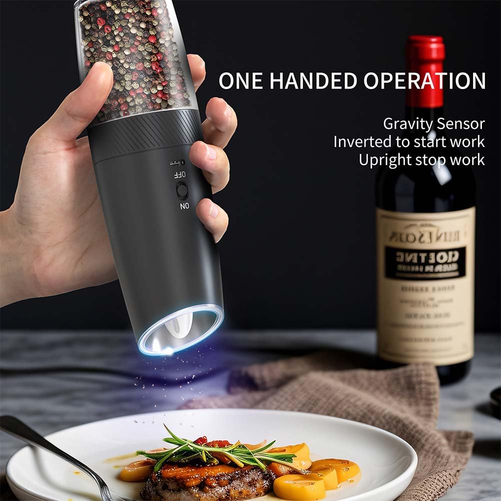 HOTUT Macina Sale e Pepe Elettrico, 2 Pezzi Macinapepe Elettrico, Ricaricabili USB, Macinatura Regolabile da Fine a Grossolano, Con Luce a LED, Macina Spezie Automatica per Cucina, Nero