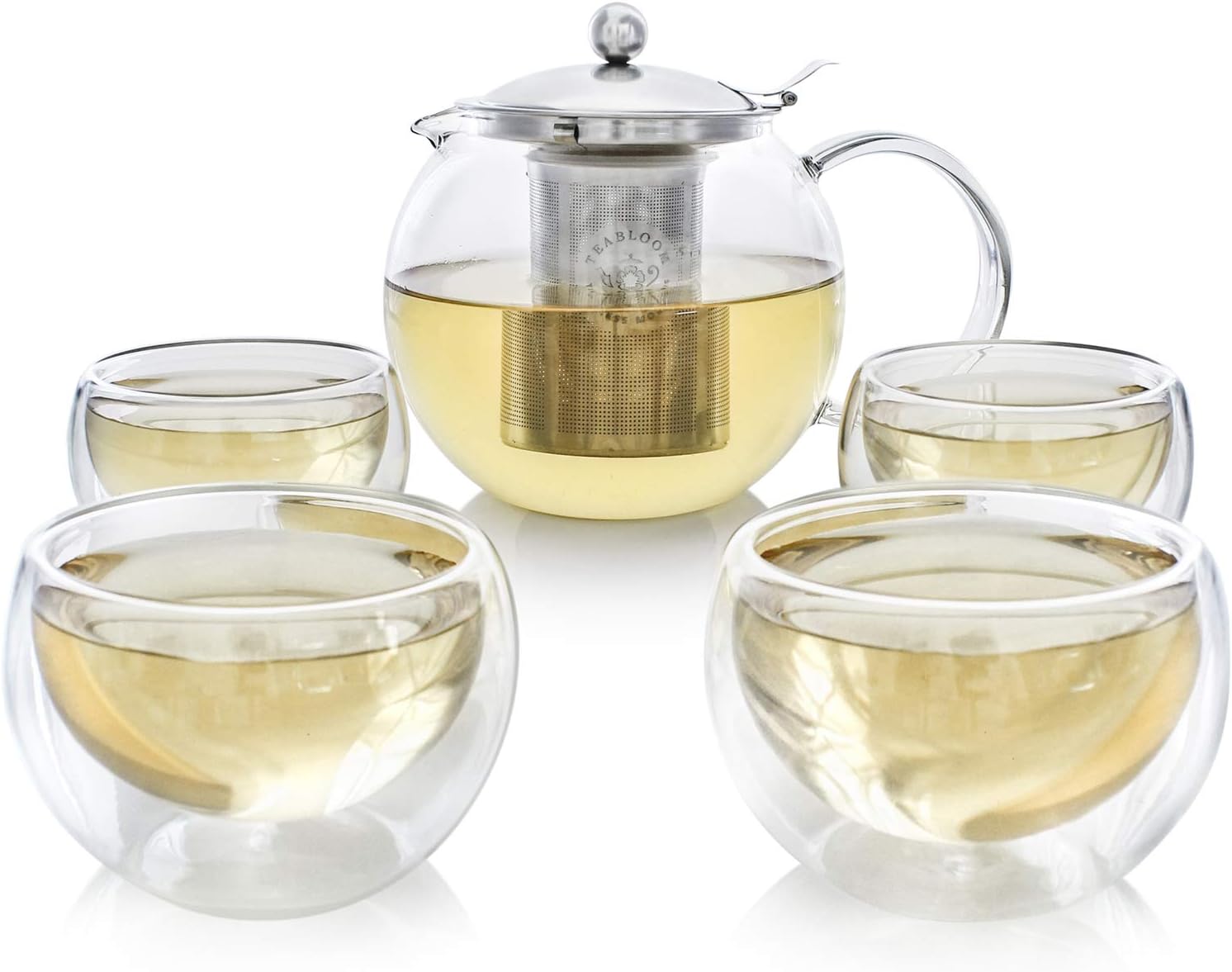 Teabloom Classica Tea Set - Stovetop Safe Glass Teapot (40 oz / 1200 ml) with Removable Stainless Steel Infuser - Includes 4 Insulated Double Wall Glass Cups (5 oz / 150 ml)