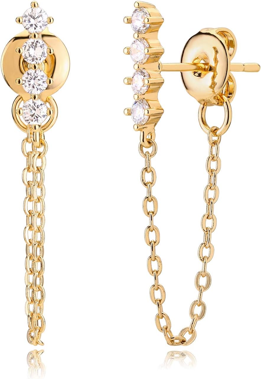 LOYATA Chain Studs Earrings Gold 14K Gold Plated Dainty Cubic Zirconia Dangle Earrings With Chain Small Hypoallergenic Jewelry Gift for Women