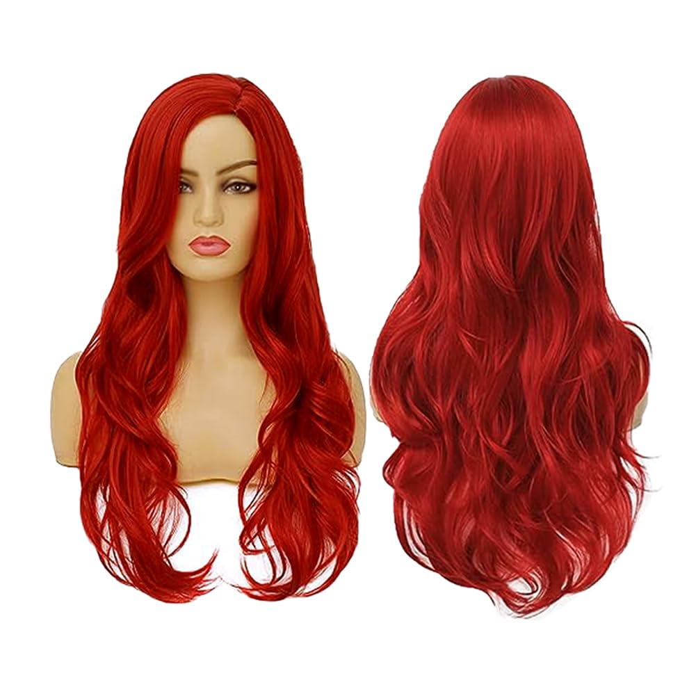 Swiking Red Wavy Wigs for Women Cury Wave Bright Red Side Part Synthetic Wigs for Halloween Cosplay Costume Use