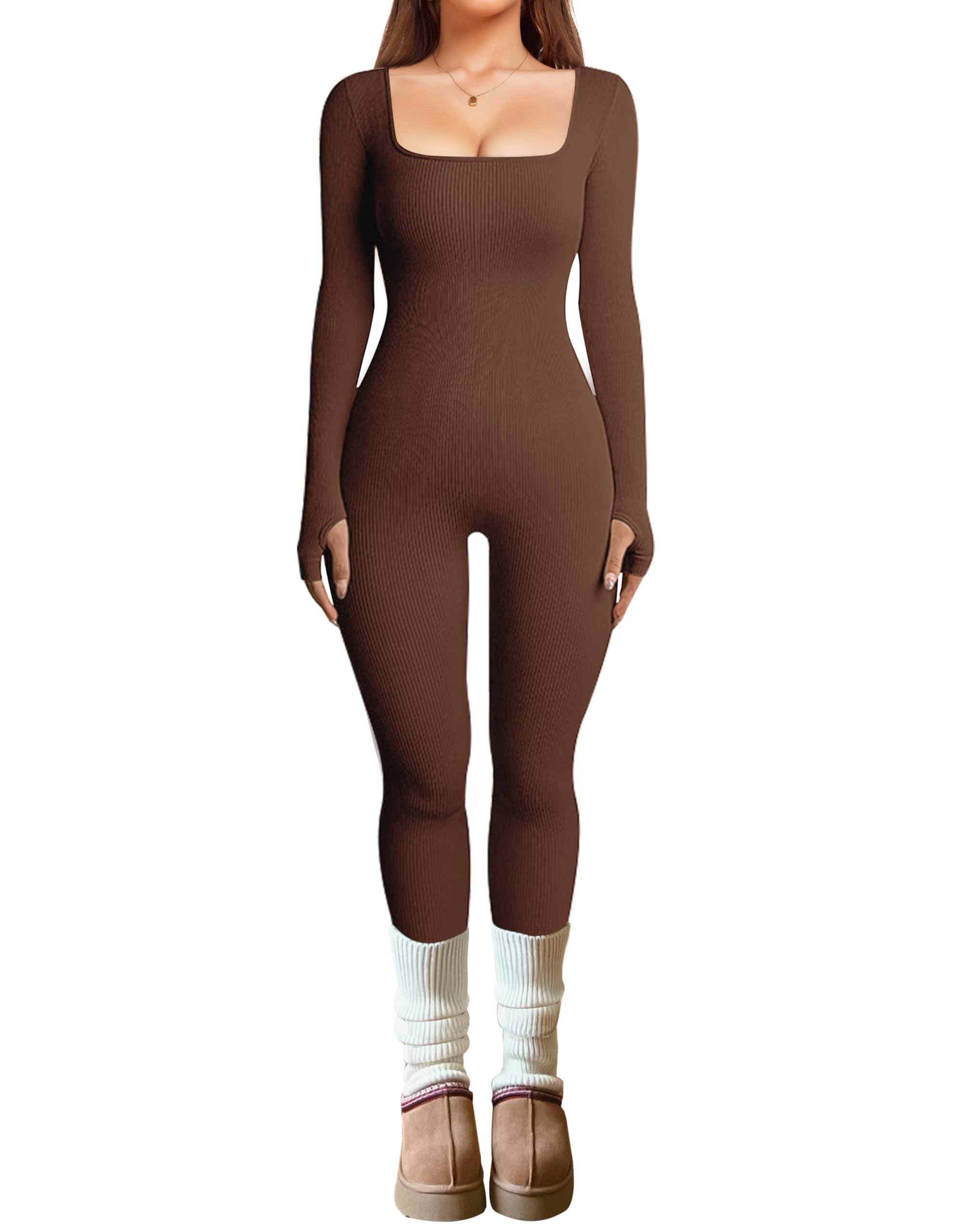 OLCHEE Womens Long Sleeve Workout Jumpsuit Square Neck Ribbed Seamless Yoga Romper Sexy Bodycon Tummy Control Unitard Onesie