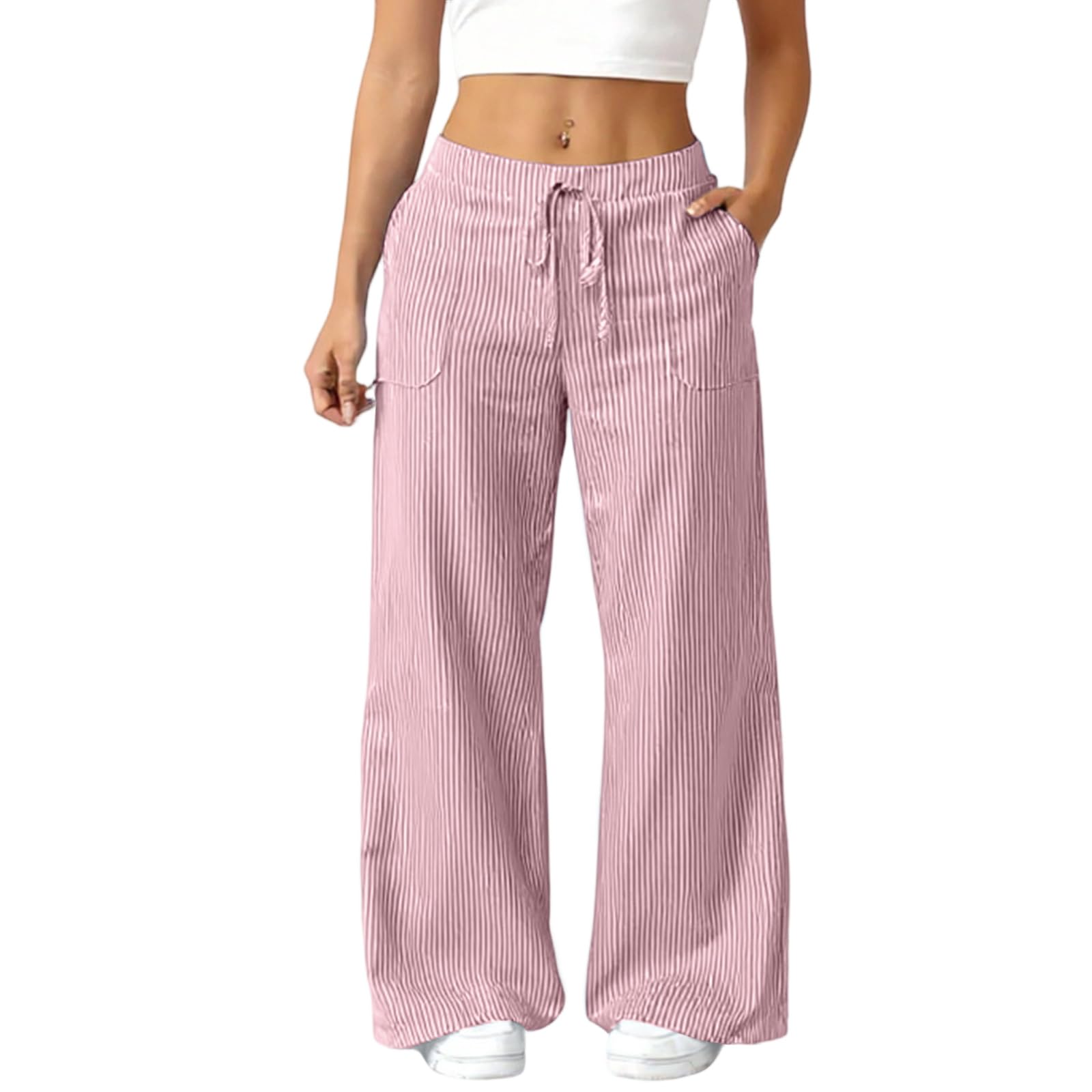 FlekmanArt Pants for Women Casual Loose Wide-Leg Pants Drawstring Waistband Comfortable Trousers Baggy Textured Trousers