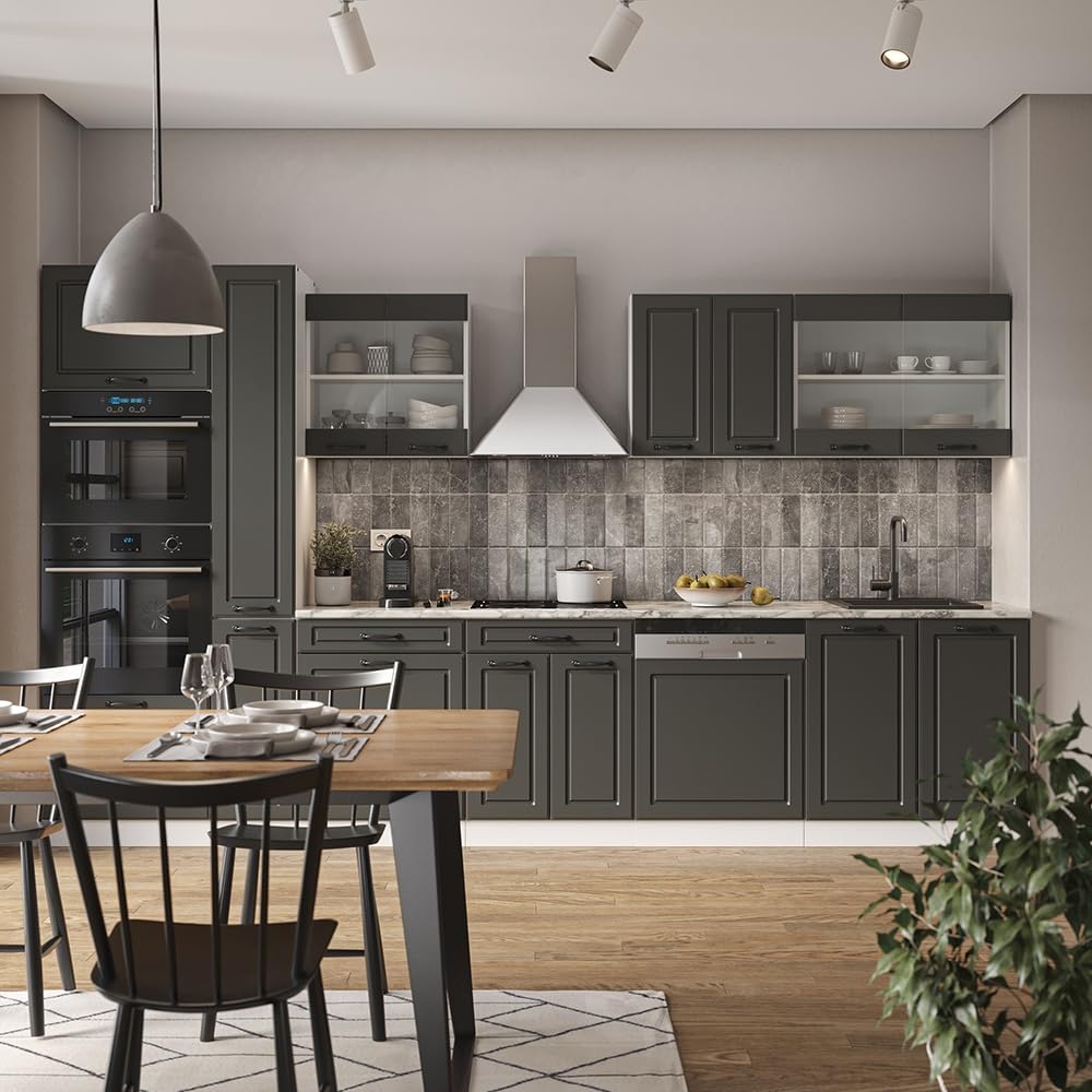Vicco Küchenzeile R-Line, Anthrazit Landhaus/Weiß, 350 cm | mit Hochschrank, ohne Arbeitsplatte, zur individuellen Anordnung und Erweiterung geeignet