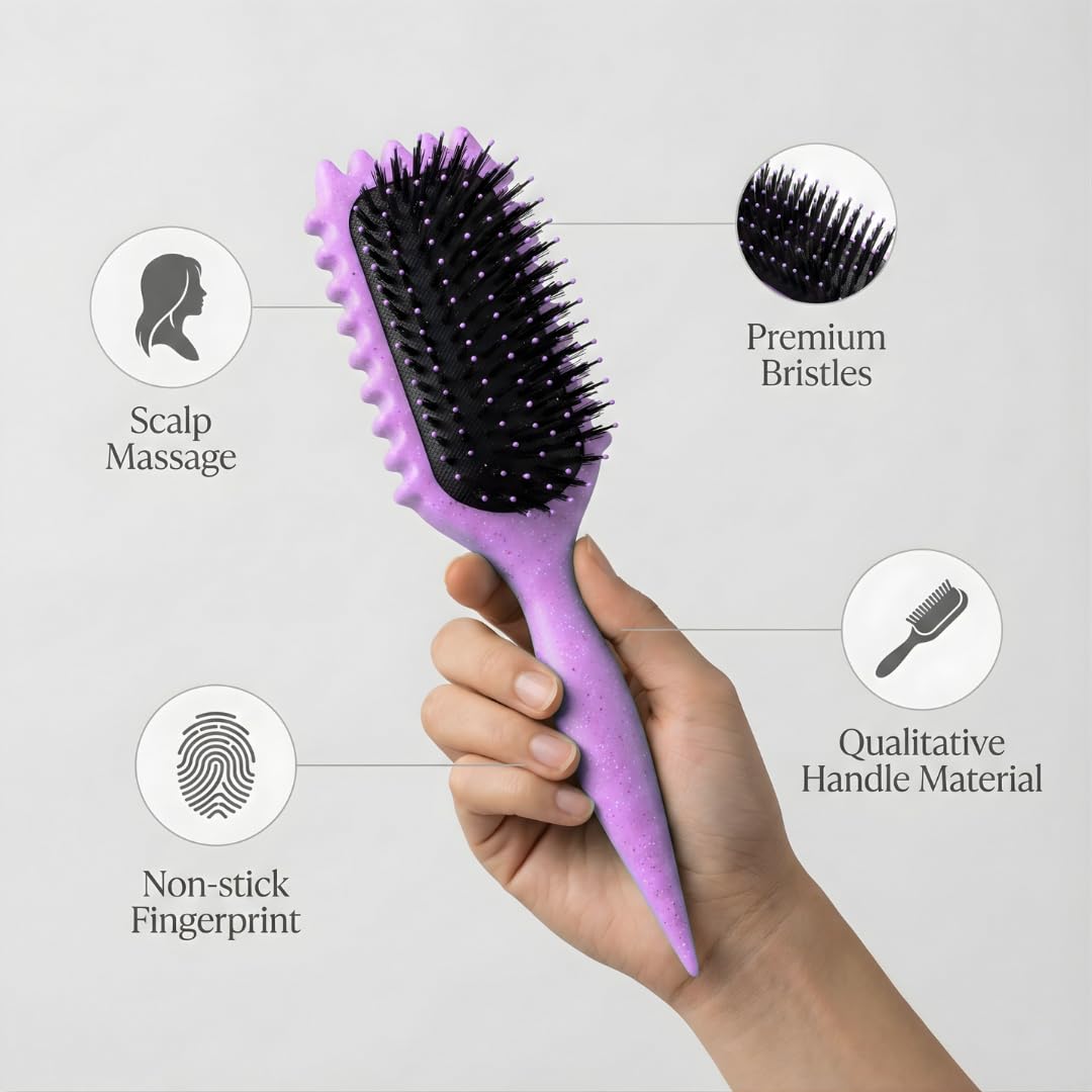 Cepillo definidor de rizos con clip para cabello rizado mojado, cepillo para desenredar el cabello rizado morado para control de encrespamiento y rizos definidos, cepillo de rizo Bewelio
