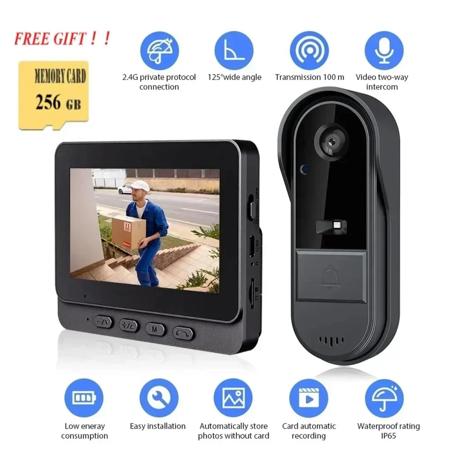 Sonnette Vidéo sans Fil 4,3 Pouces 2,4 GHz, Vision Nocturne, Interphone Bidirectionnel for La Maison(Free 256G SD Card)