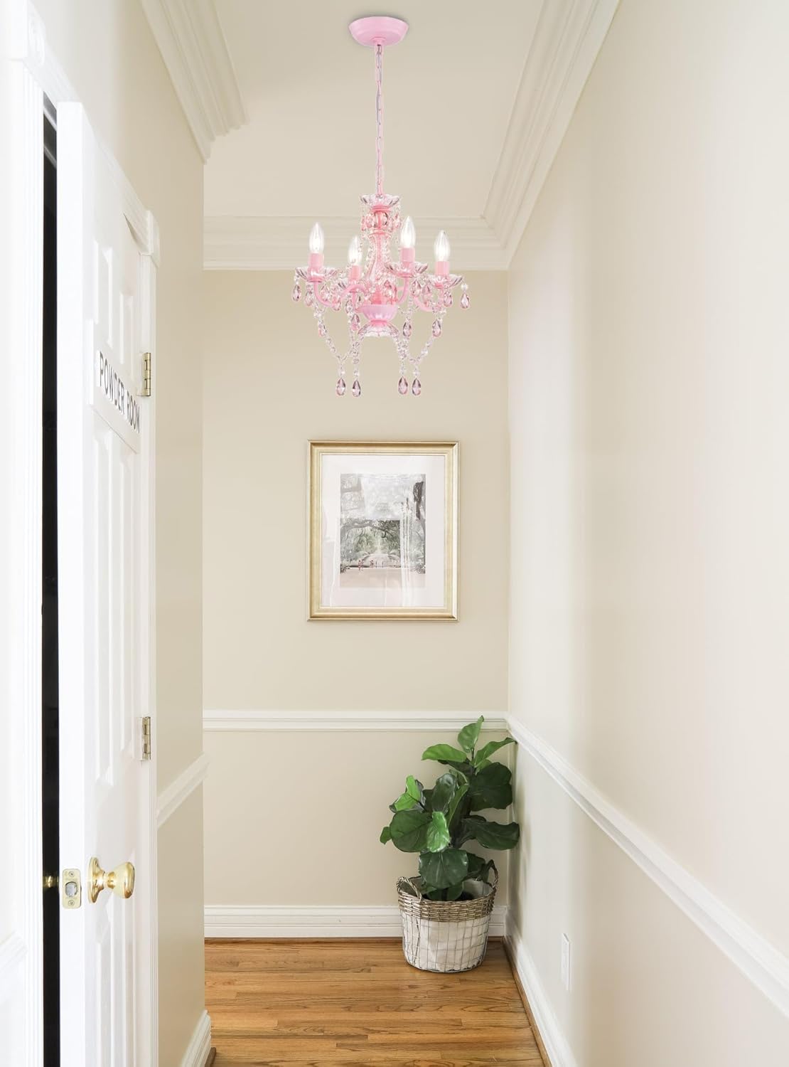 LaLuLa Mini Chandelier with Acrylic Crystals Pink Chandelier 4 Light Modern Chandeliers for Bedroom and Girls Room