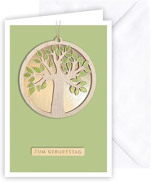 KE - Luxury Greeting Card with Gold Circle and Tree Design - Perfect for Birthdays - White with Foil Finish and Wooden Part on Jute Ribbon