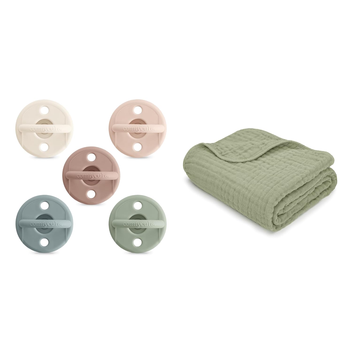 Baby Pacifiers, 5 Pack and Muslin Baby Blanket Bundled by Comfy Cubs