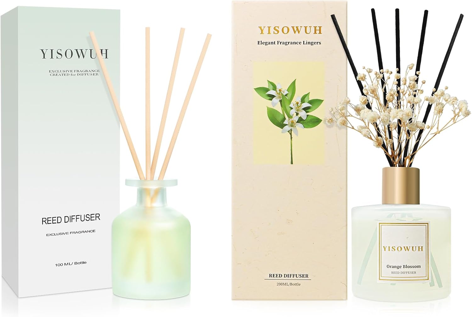 Reed Diffuser Set 2 Pack - Clean Linen (100ml) & Orange Blossom (200ml), Reed Diffusers for Home with Reed Sticks & Baby’s Breath Decor, Long-Lasting Fragrance for Bathroom, Living Room, Gifts