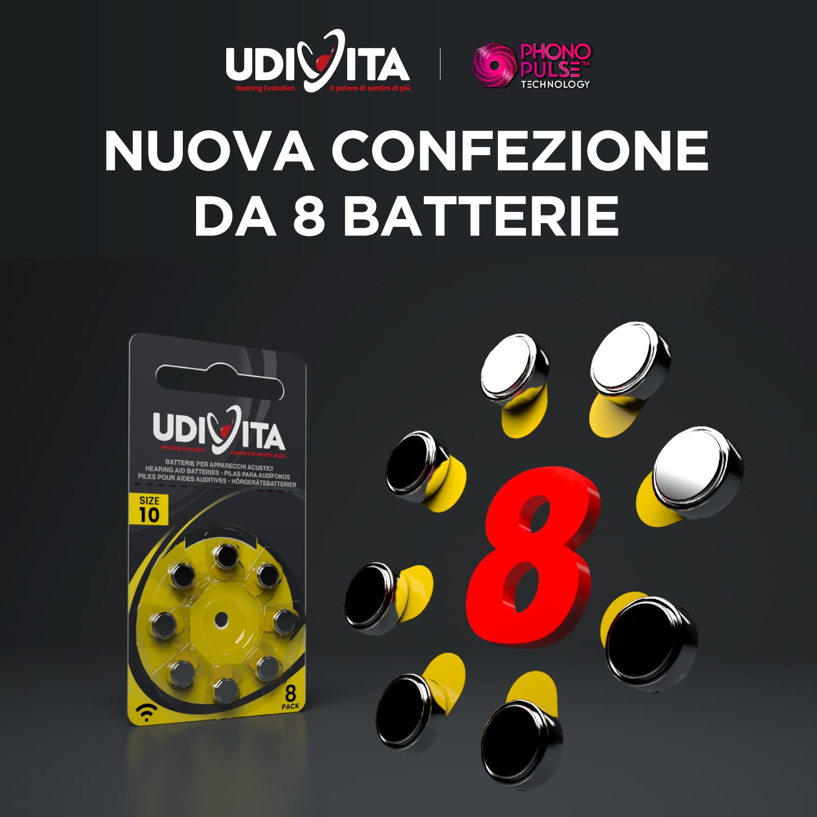 240 Batterie Per Apparecchi Acustici Auricolari Udivita PR70 Misura 10 (Gialle) Tecnologia Phono Pulse - 30 Blister da 8 Pile