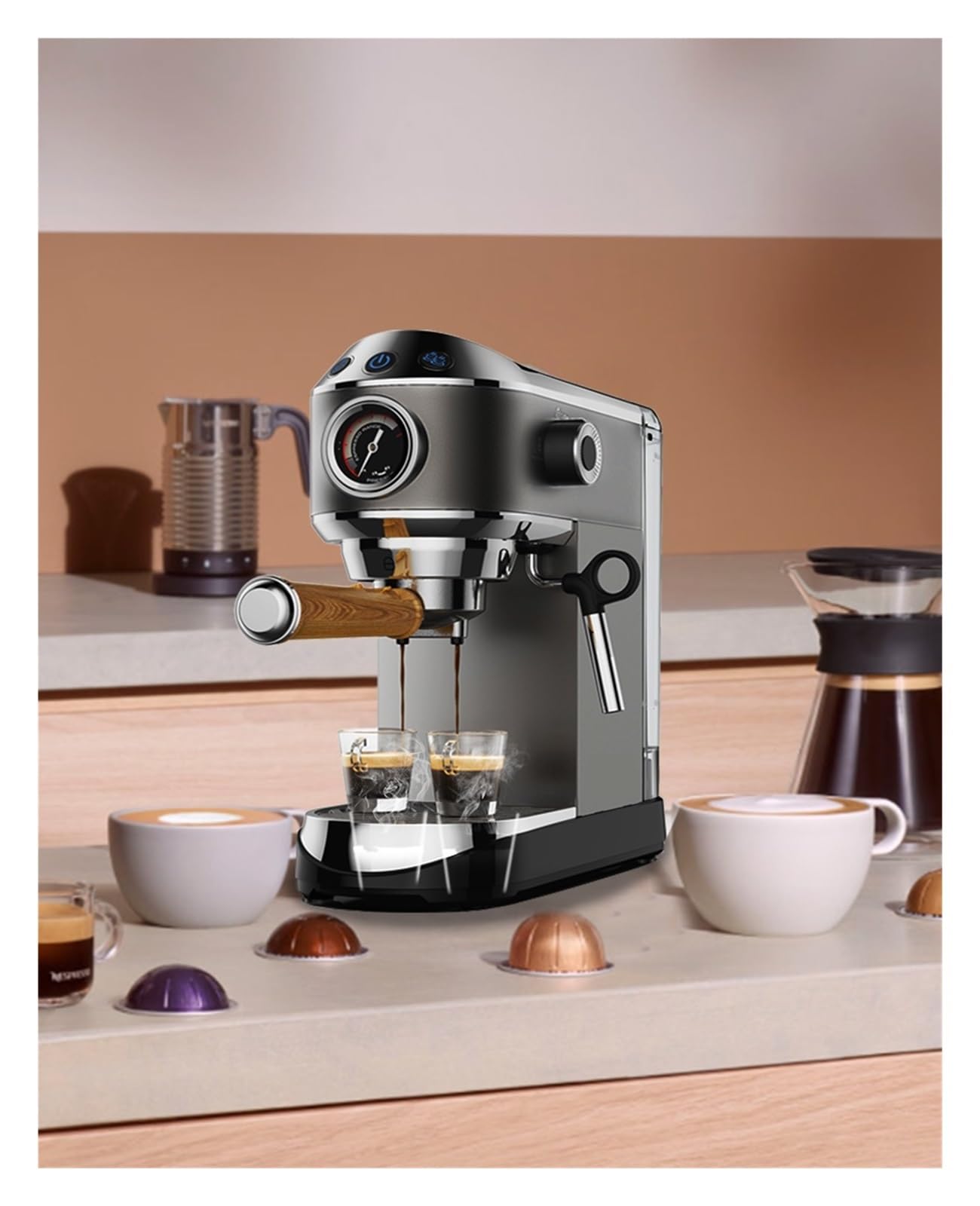 Cafetera semiautomática de 20 Bares con vaporizador Leche, Ideal para Espresso, Capuchino, Latte y Moca.