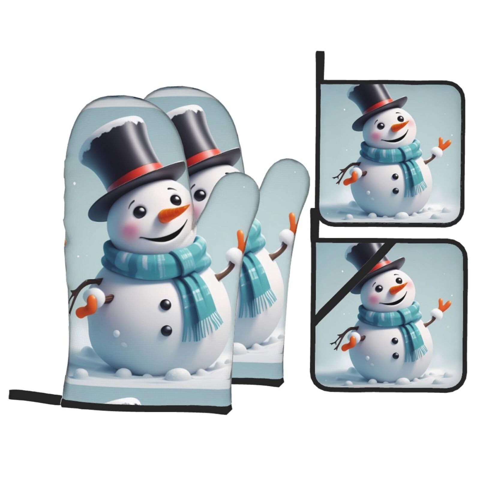 HJFCZH Cute Snowman Picture Kitchen Baking Set of 4 Thick Insulated Oven Mitt & Pot Holders, Anti-Scalding for Microwave, Oven, Outdoor BBQ