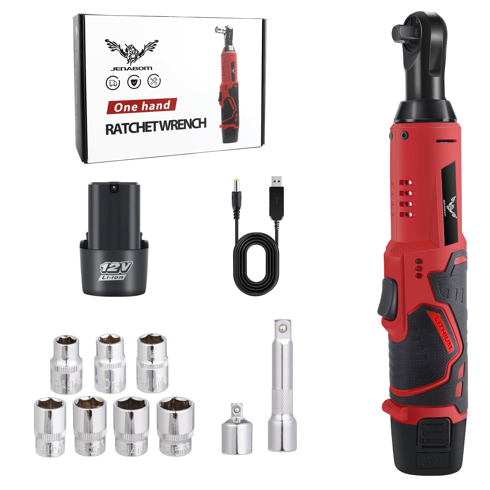 JENABOMCordless Ratchet Wrench Set 12V Power Ratchet Tool Kit with 1 Pack Lithium Ion Battery and Charger