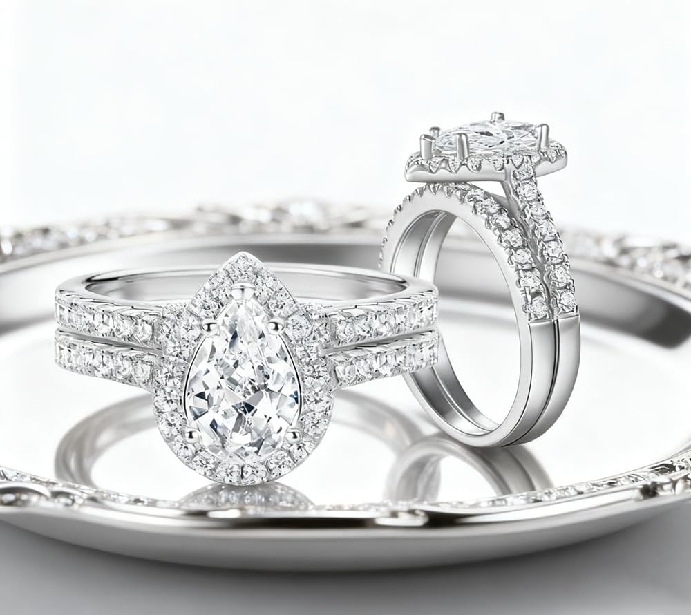 Pear Shaped Wedding Ring Set for Women Platinum Plated Silver 2 Carat Center Moissanite Bridal Sets Wedding Ring Teardrop Engagement Ring Set