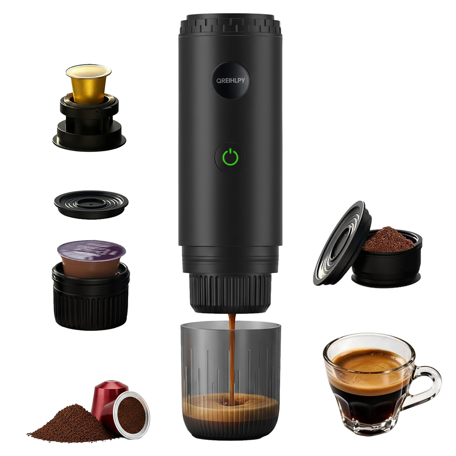 Cafetera Portátil 3 en 1, Presión para un Auténtico Espresso con Crema Espesa, Compatible con Cápsulas Nespresso y Café Molido, Autocalefactable para Viajes, Camping, Oficina y Hogar – Recarga USB-C