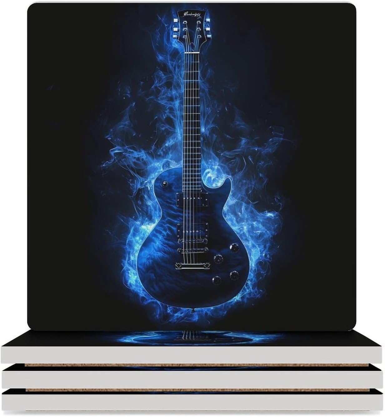 Guitar Music Flame Coasters for Drinks Square Table Coasters Set Cup Mats with Cork Base