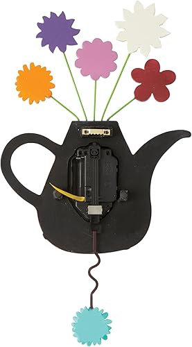 Miniatura 2 de Enesco Allen Designs - Reloj de pared de tetera de flores, reloj analógico de péndulo a pilas, relojes decorativos de resina de piedra para paredes,