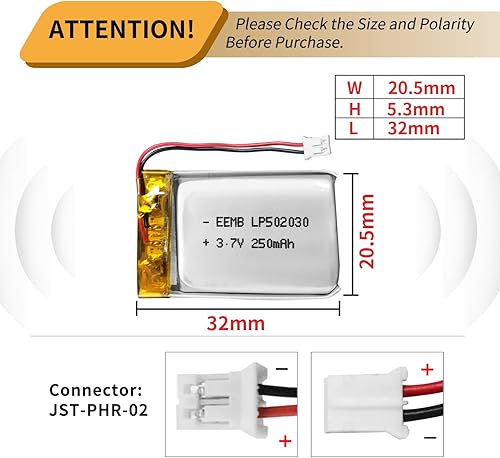 Miniatura 3 de EEMB Batería de iones de litio de 3.7 V 250 mAh 502030 recargable de 3.7 voltios Lipo con conector JST de cable para VXI Blue Parrott- Confirme el
