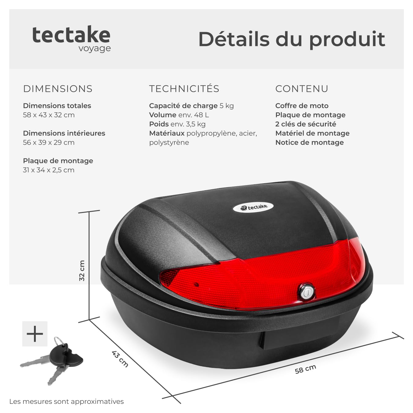 tectake® Top Case Universel XXL pour Moto Scooter Quad Buggy Mobylette avec Kit de Fixation et 2 Clés de sécurité, Réflecteur extralarge, 48L, Casque Moto ou Casque Scooter, Coffre Quad